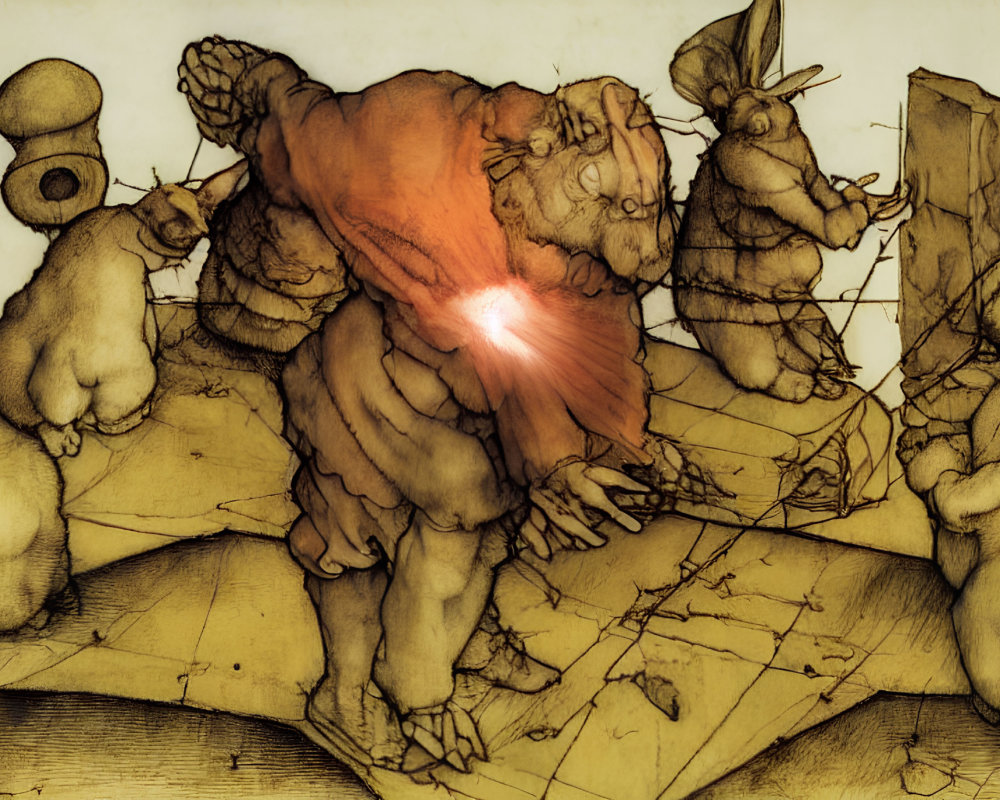 Fantastical anthropomorphic rabbit creatures studying a map with glowing figure