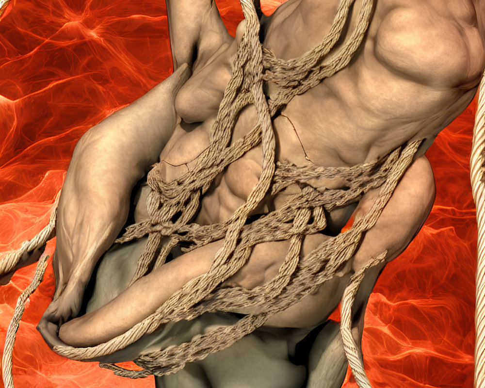 Abstract Sculptural Figure Entwined in Textured Ropes