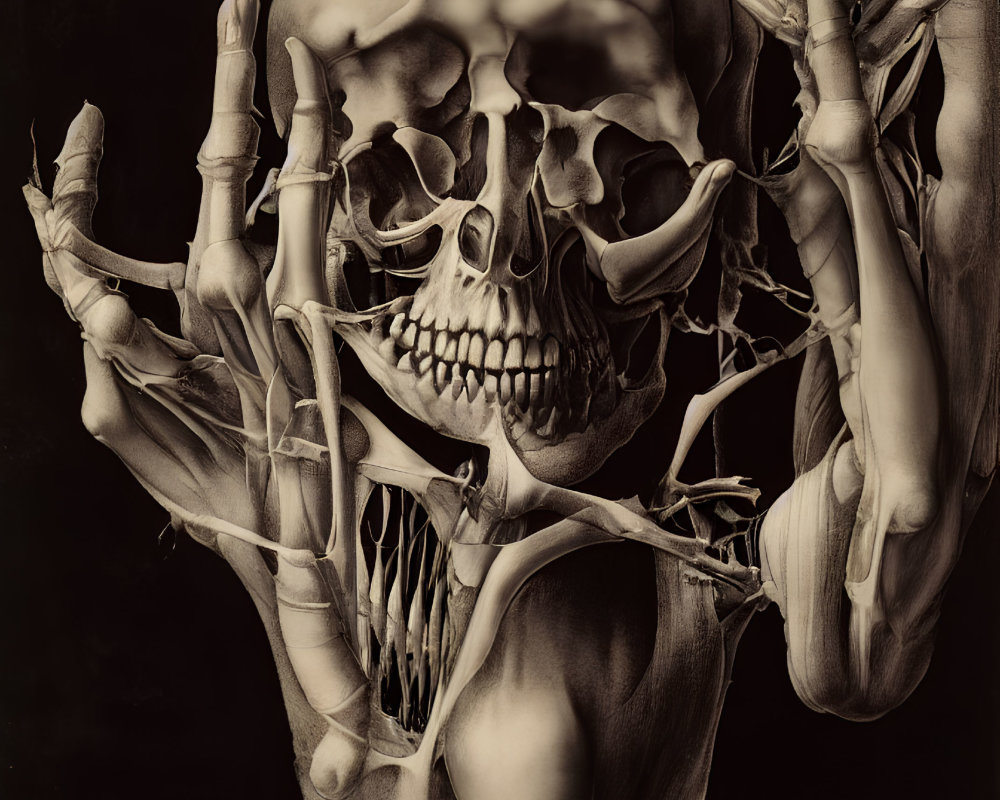 Digital artwork: Human pose merged with skeleton for surreal effect