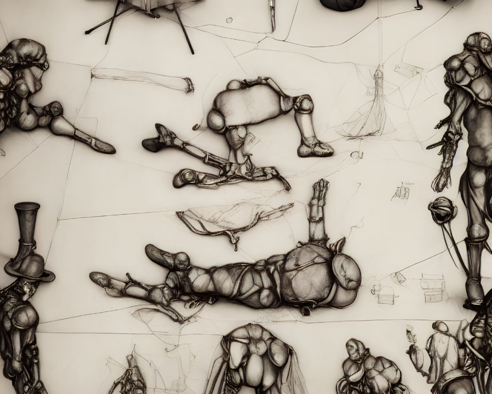 Dynamic humanoid figure sketches with detailed musculature and mechanical elements on sepia background