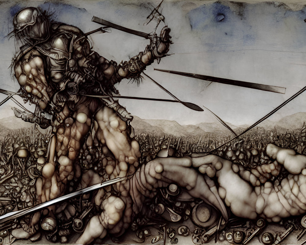 Monochromatic fantasy artwork of intense battle scene