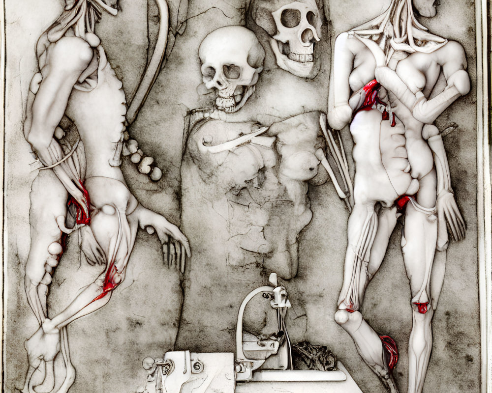 Detailed artistic illustration of trio with exposed musculature and skeletal figure with old-fashioned sewing machine.