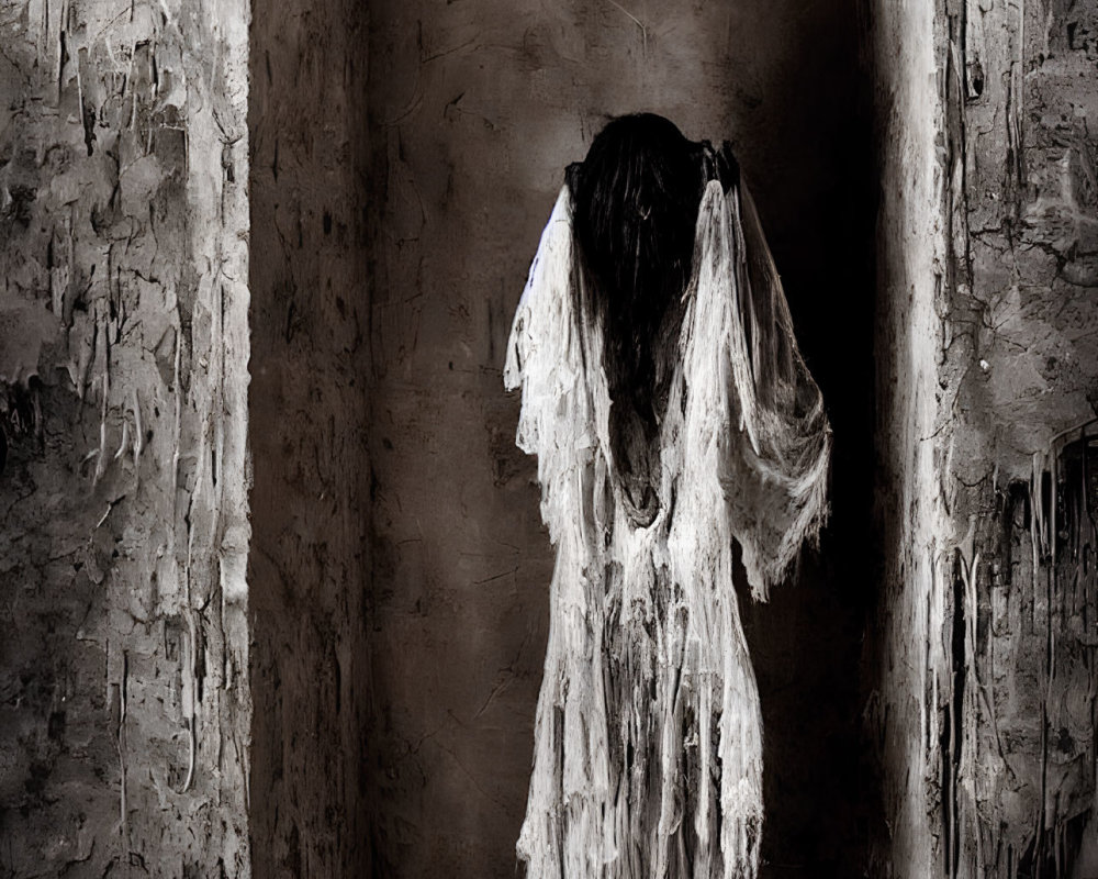 Eerie figure in tattered white cloth in dilapidated room