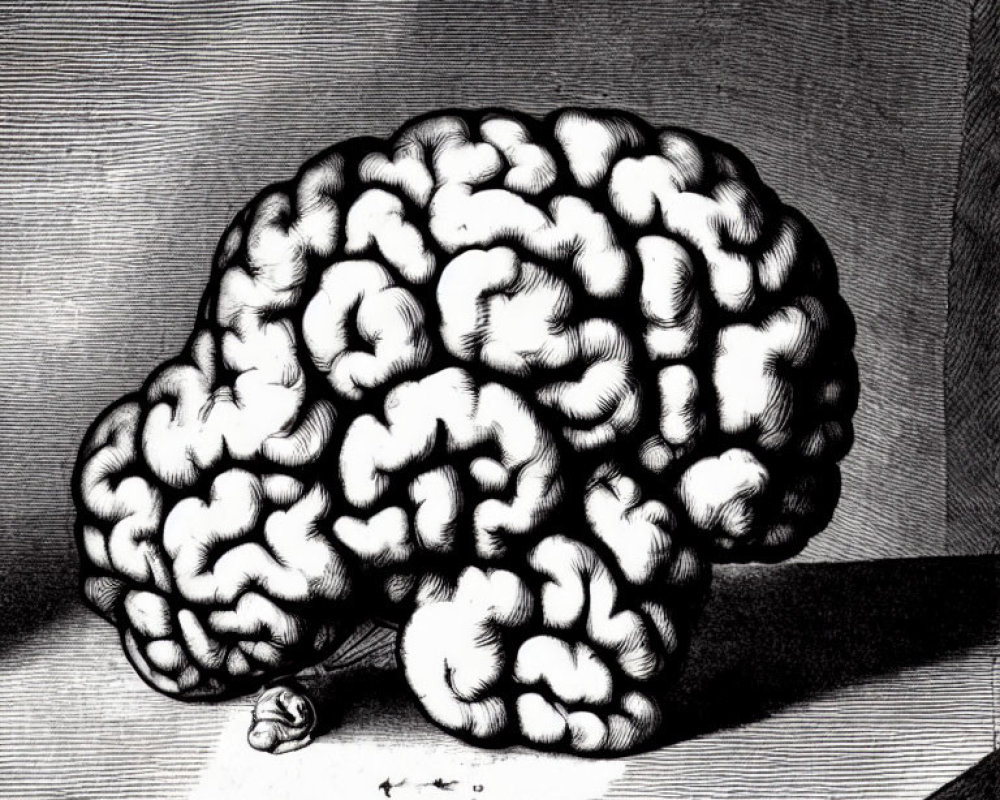 Disproportionately large human brain illustration with small figure