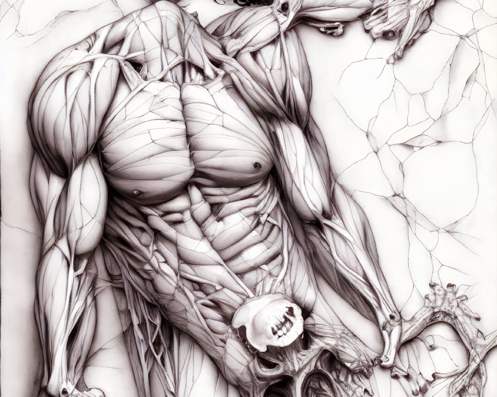 Detailed pencil drawing of human figures with exposed musculature and skeletal remains.