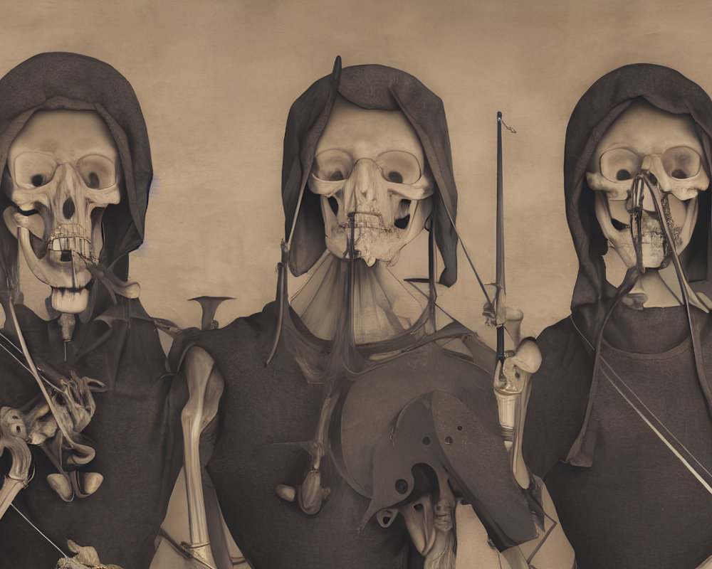 Three hooded figures in skull masks with medieval weapons: bow, flail, and sword