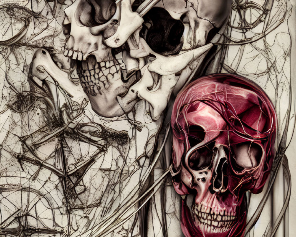 Illustrations of human skulls with colored cranial regions in abstract line art with a compass, on textured