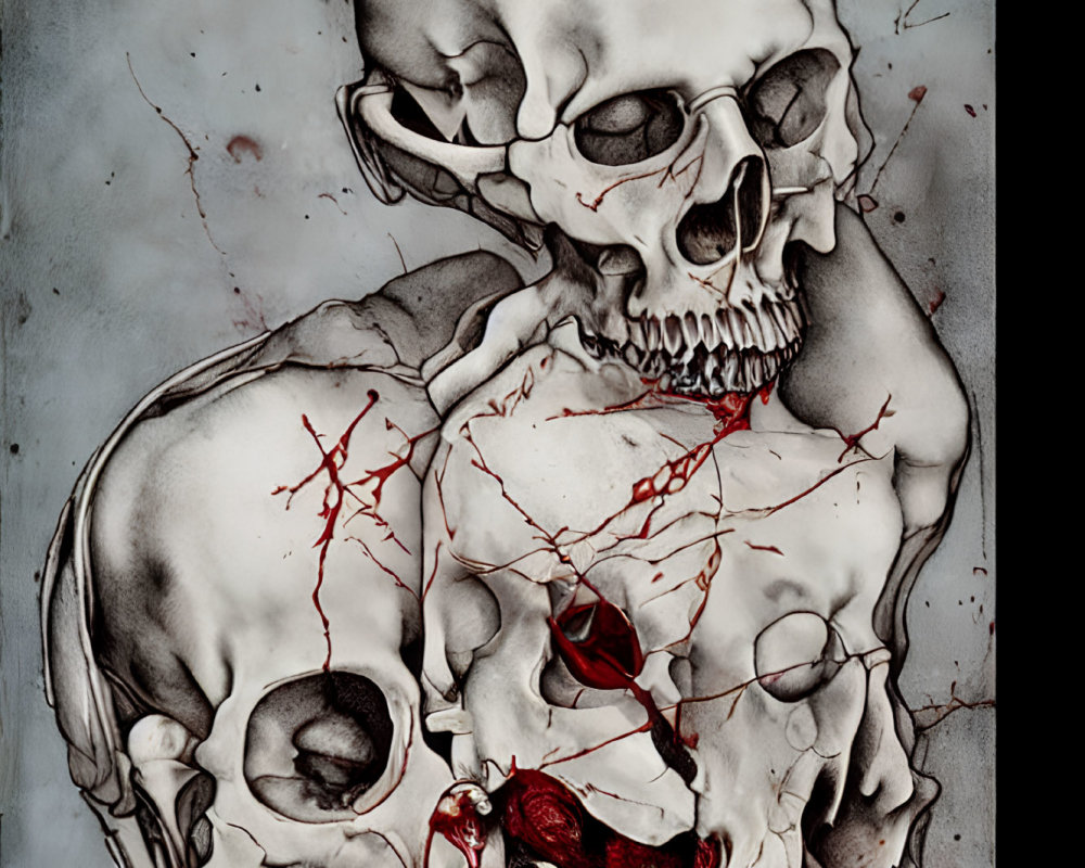 Dark Illustration of Three Stacked Skulls with Cracks and Blood Splatter