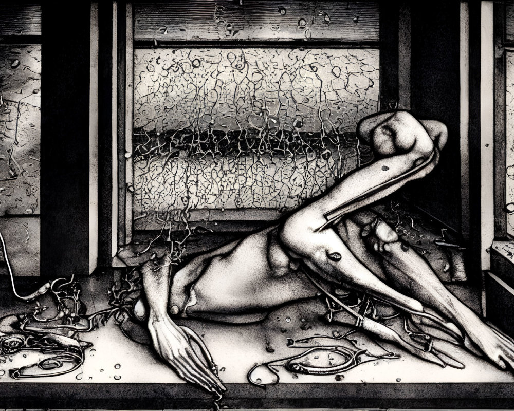 Detailed monochrome surreal figure in decrepit window frame with scattered objects