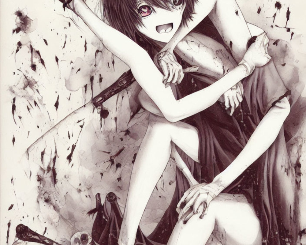 Monochrome anime girl with scythe in a chaotic scene