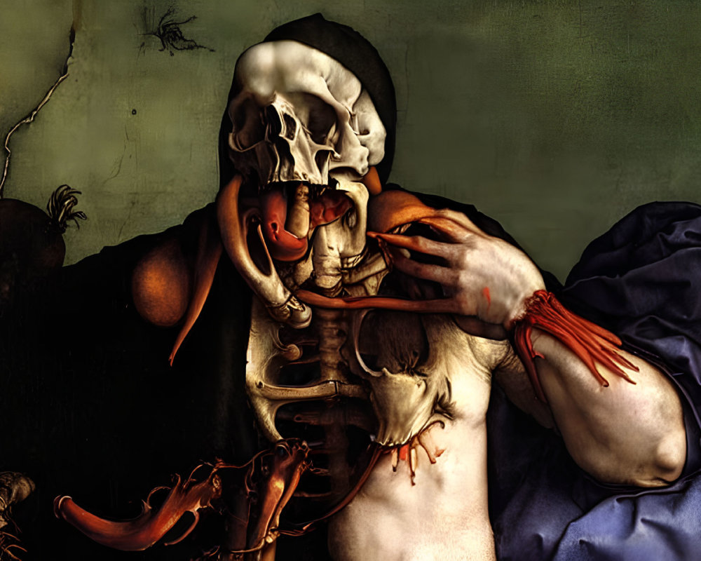 Dark Art: Skull-headed humanoid in skeletal chest, muscular arms, dramatic lighting.