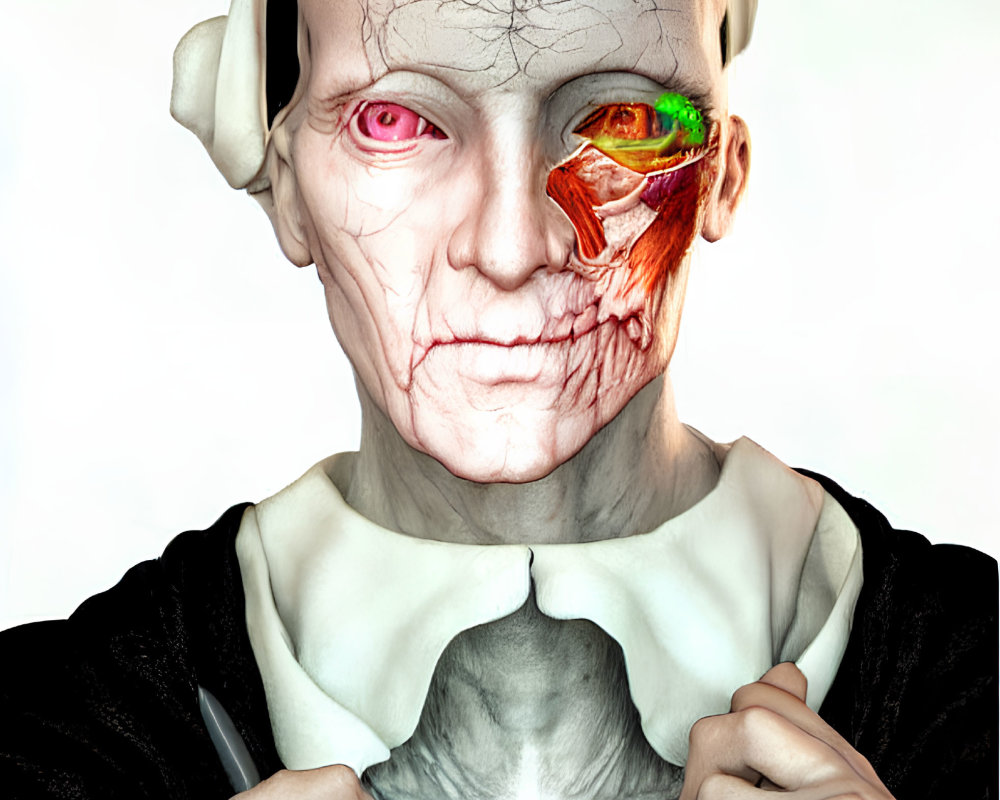 Digital artwork: Person with skeletal features, pink eyes, fragmented skin, maid outfit, and headset in