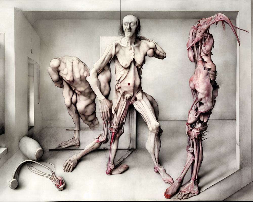 Hyper-realistic anatomical exhibition with dissected human figures and internal structures exposed