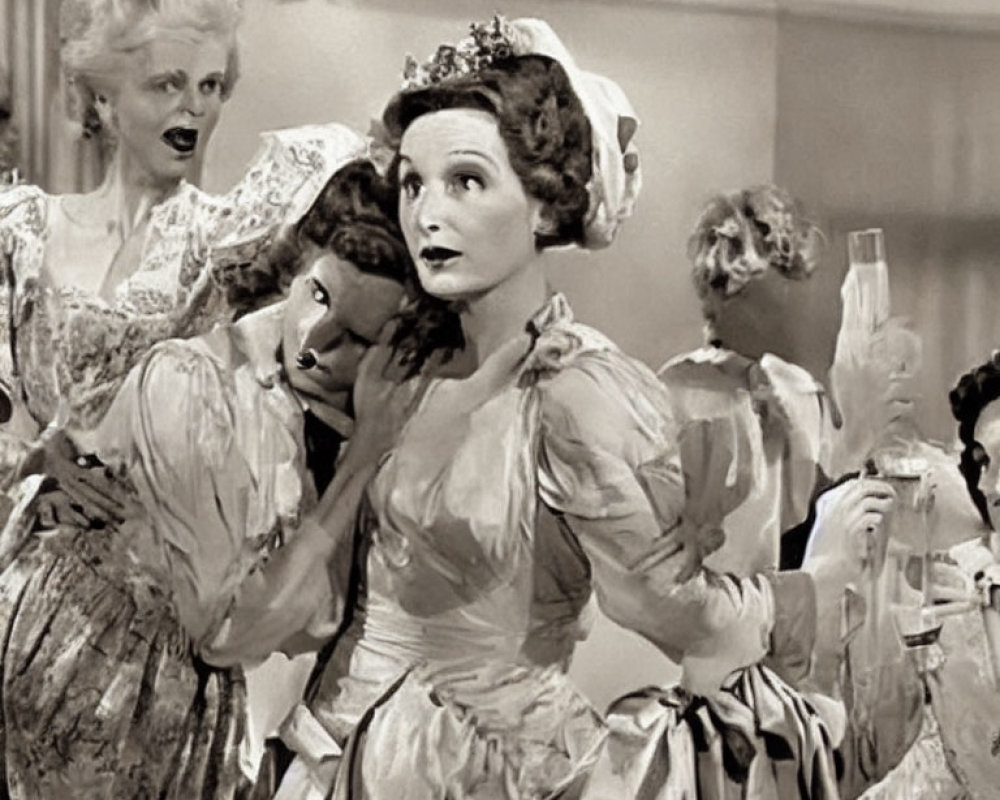 Vintage Black-and-White Photo of Two Women in Period Costumes Whispering