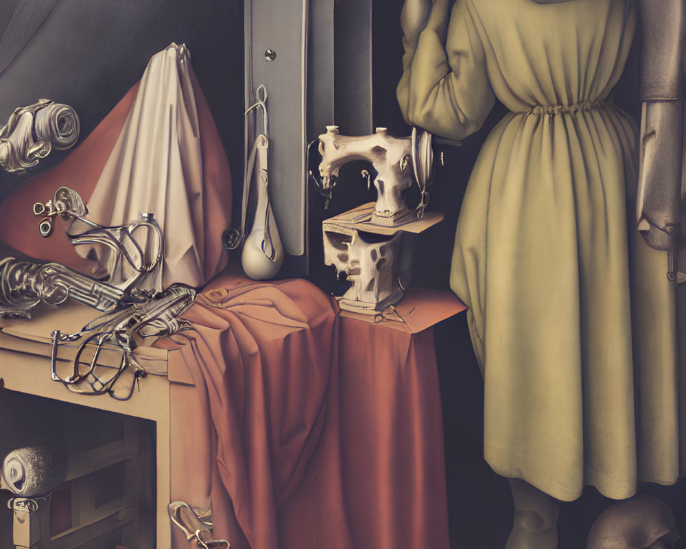 Surreal Cloaked Figure Artwork with Skull and Drapery in Earthy Tones