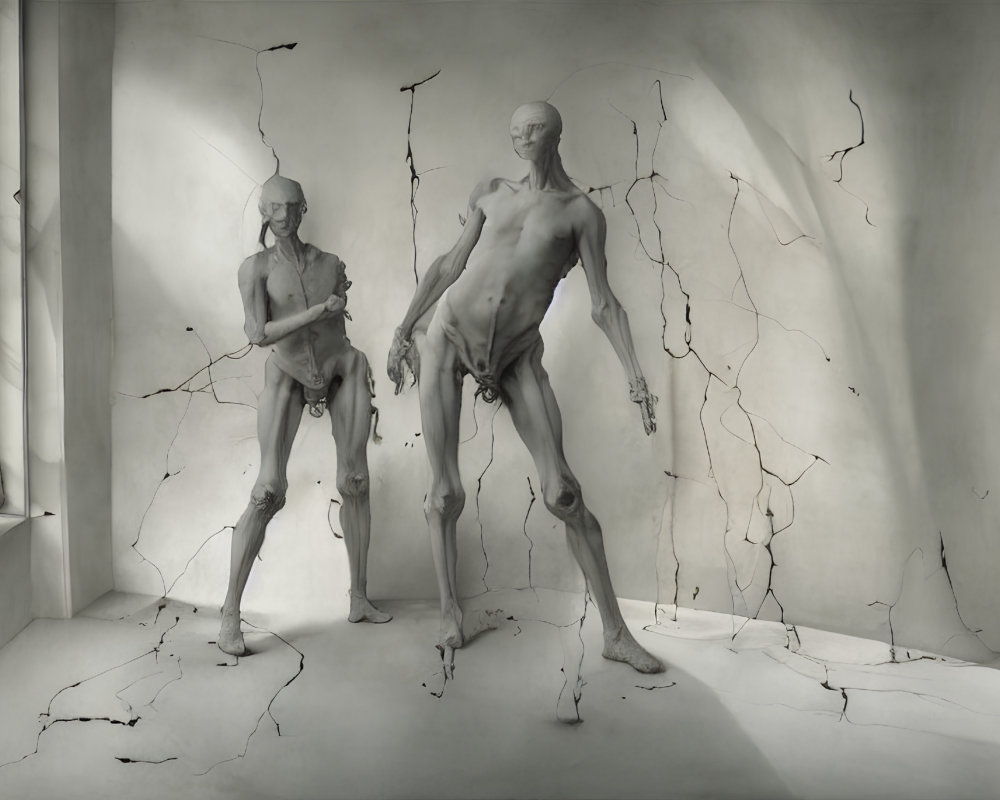 Humanoid sculptures disintegrating into branches in dilapidated room