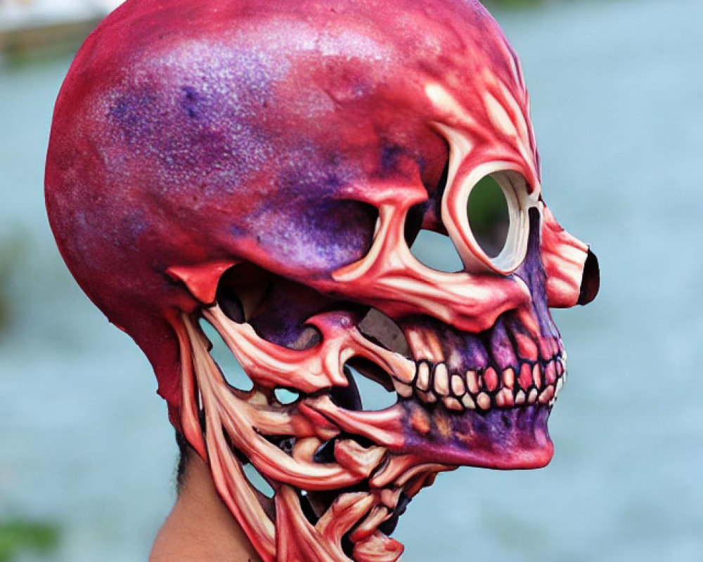 Realistic human skull mask with muscles against natural backdrop