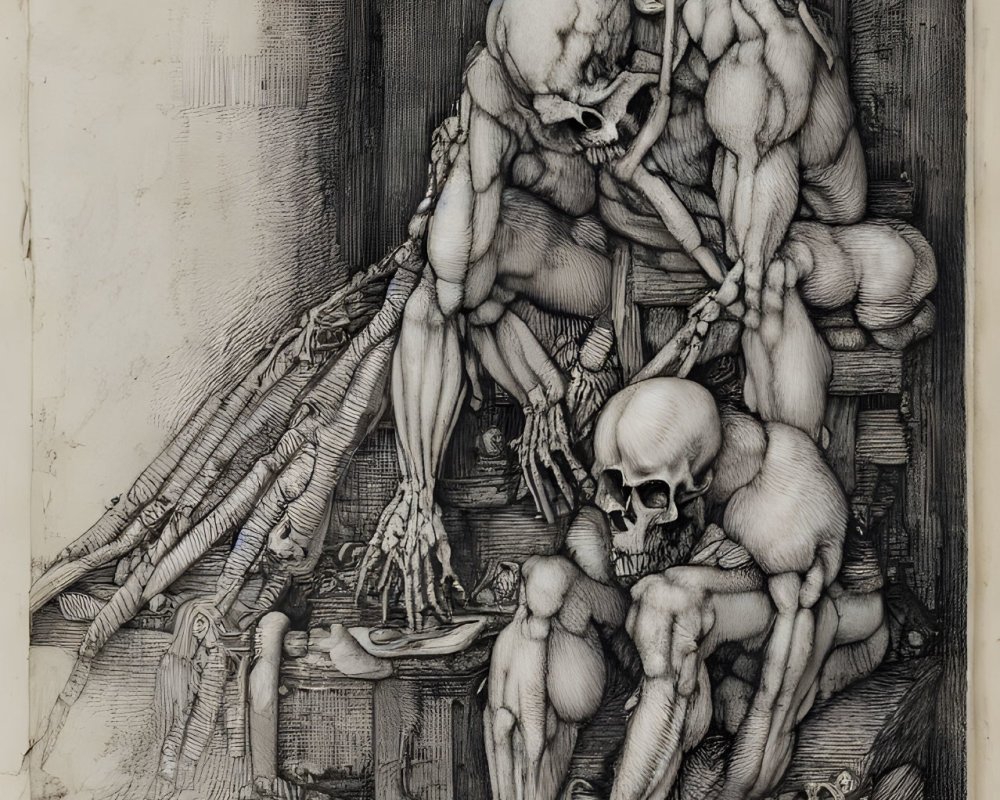 Detailed Monochrome Drawing of Human Skeletons Entwined Around Wooden Structures