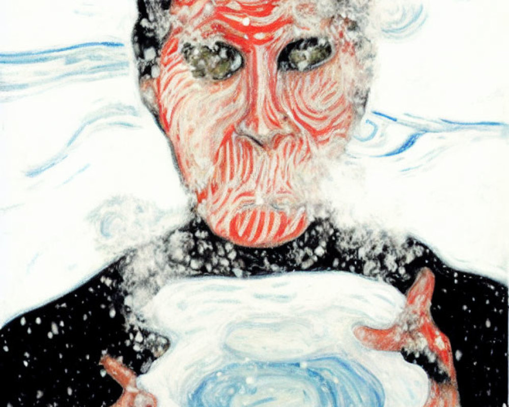 Portrait of Person with Red-Striped Face Holding Blue and White Orb in Snowy Scene