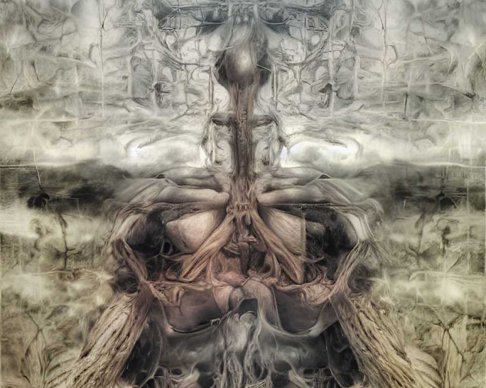 Symmetrical artwork of humanlike tree with skulls and bones in mystical forest