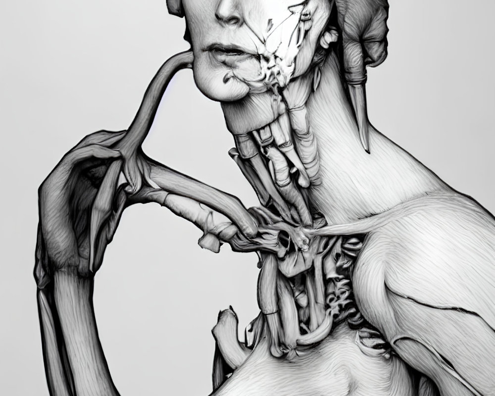 Digital artwork: Human figure with anatomical details blending muscles and skeleton on half-exposed face and body