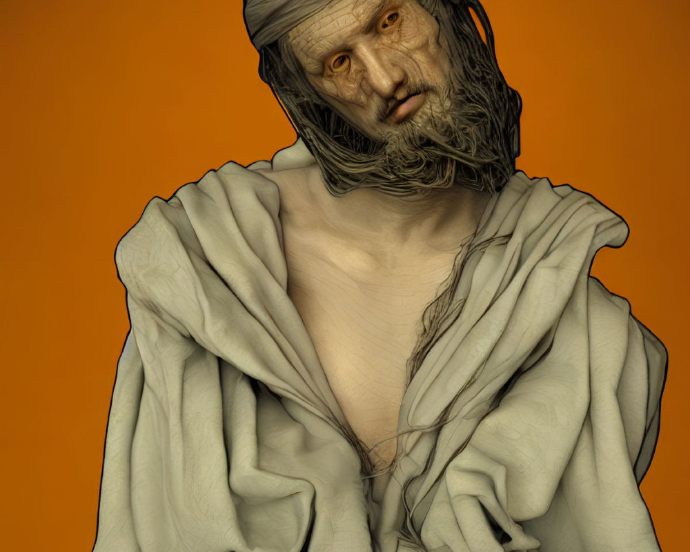 Digital Artwork: Bearded Figure in Turban and Toga on Orange Background