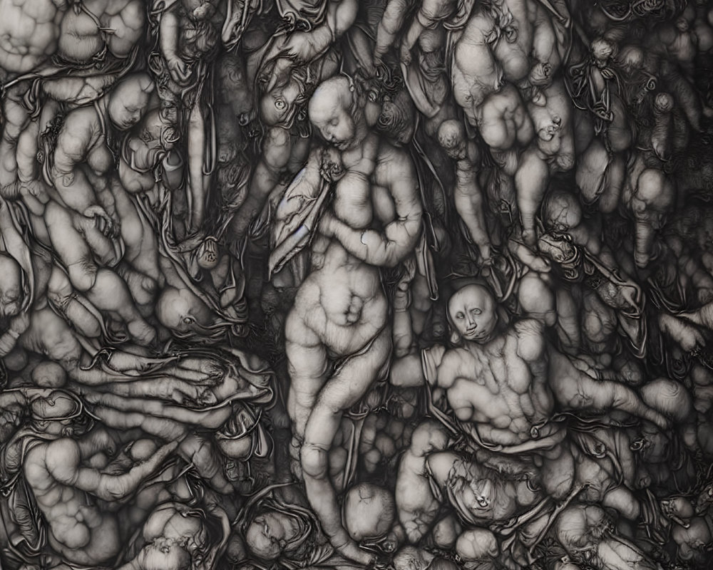 Abstract monochromatic artwork of distorted human figures and faces in surreal cluster.