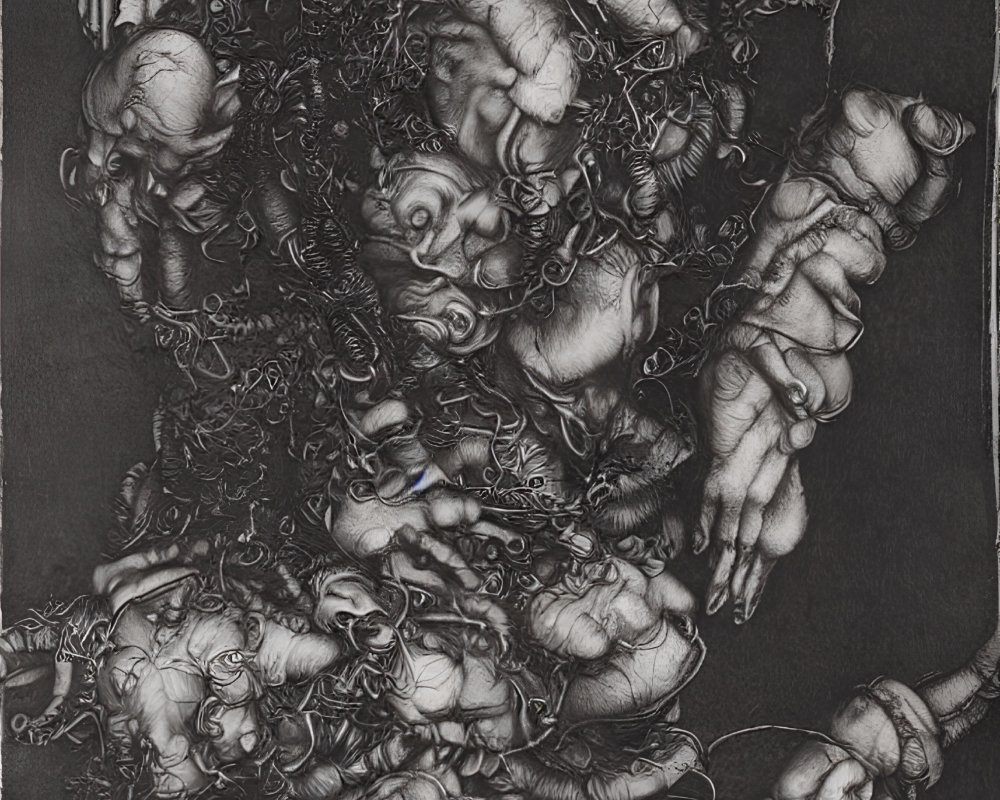 Monochrome surrealistic artwork with tangled human forms and skulls