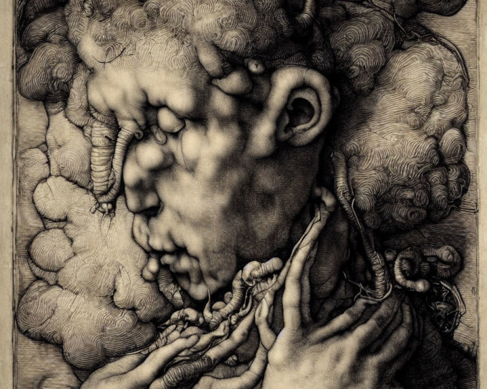 Monochromatic surreal figure with cloud-like head in contemplation