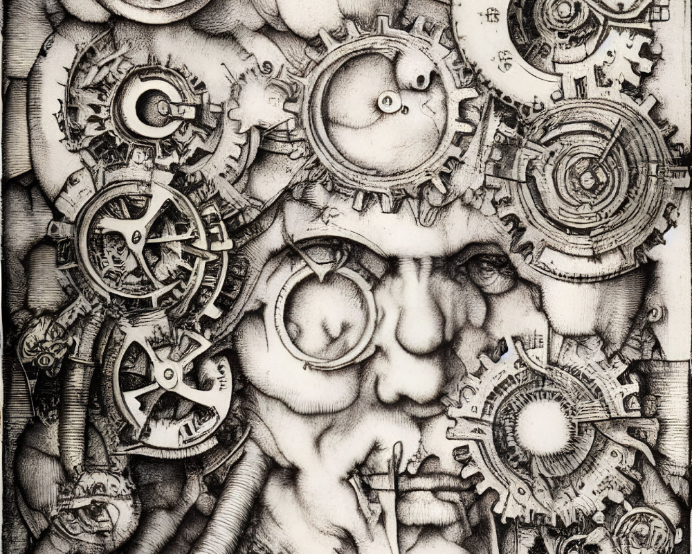 Detailed black and white drawing merging human anatomy with mechanical gears and cogs