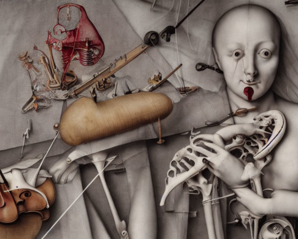 Surrealistic painting featuring pale figure and disjointed objects