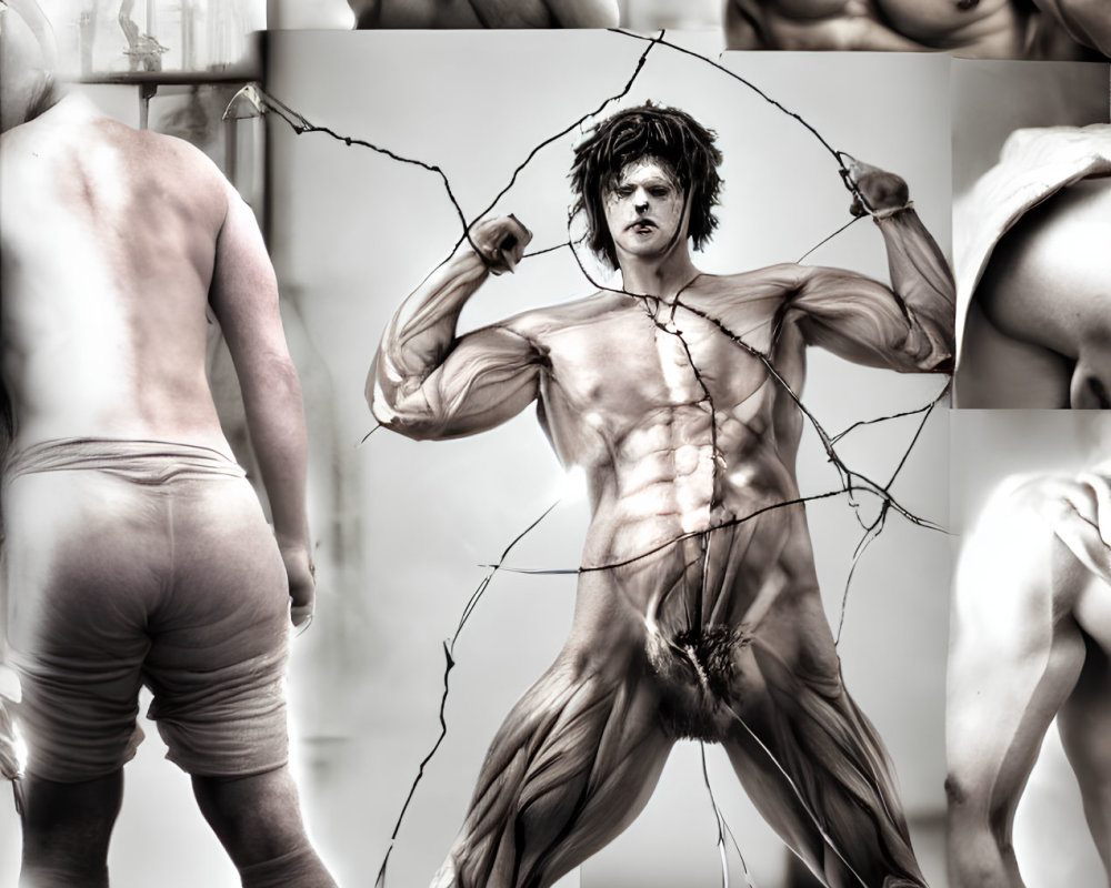 Monochromatic collage of muscular men in dynamic poses with central figure breaking through cracked glass