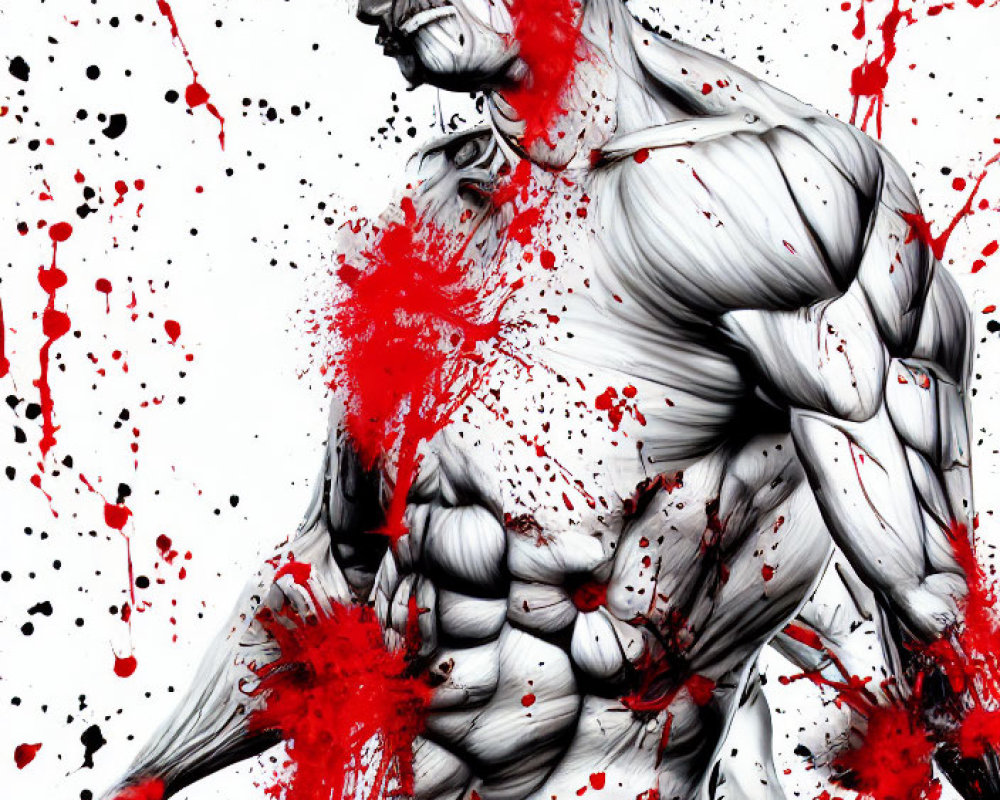 Muscular Figure in Grayscale with Vibrant Red Paint Splatters