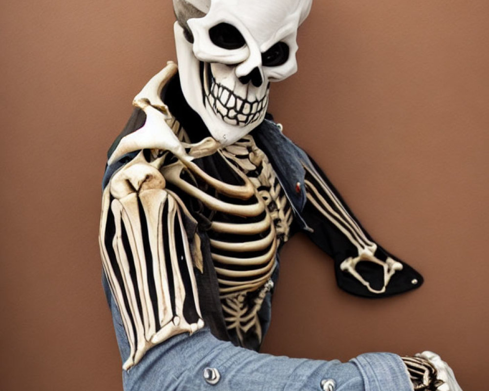 Person in Skull Mask and Skeleton Costume Posing on Brown Background