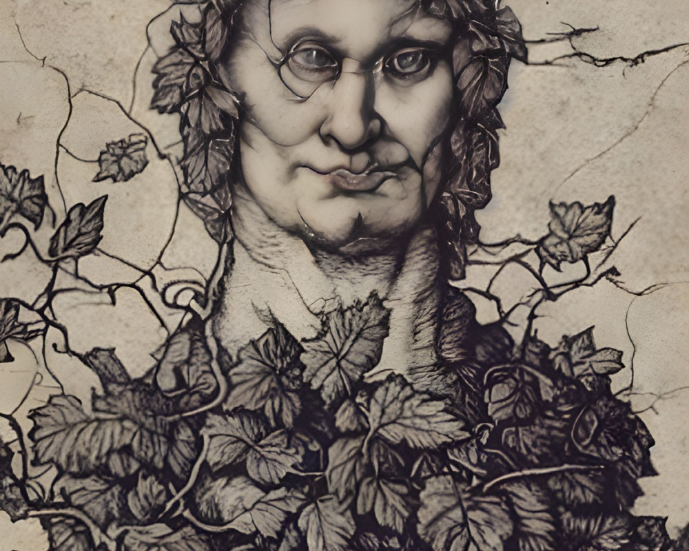 Distorted facial features surrounded by intricate vine patterns on vintage backdrop