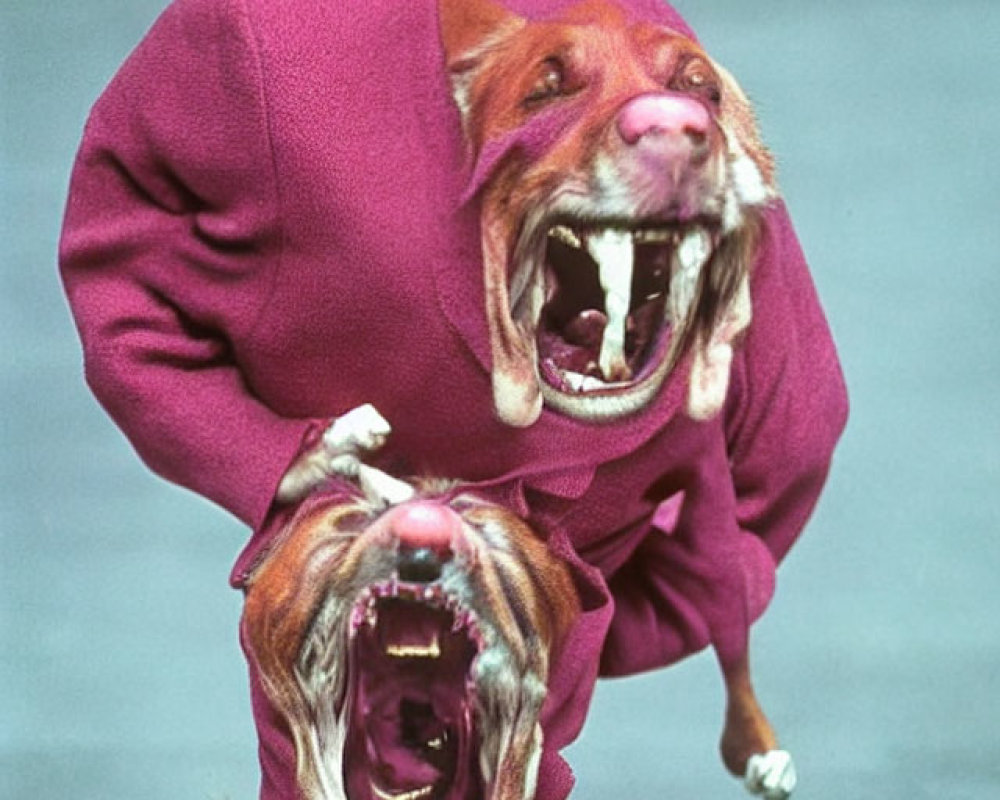 Two-headed dog in maroon hoodie yawning against blurred background