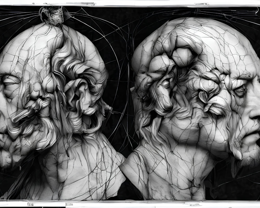 Monochrome Artwork: Detailed Fractured Busts with Bird and Geometric Shapes