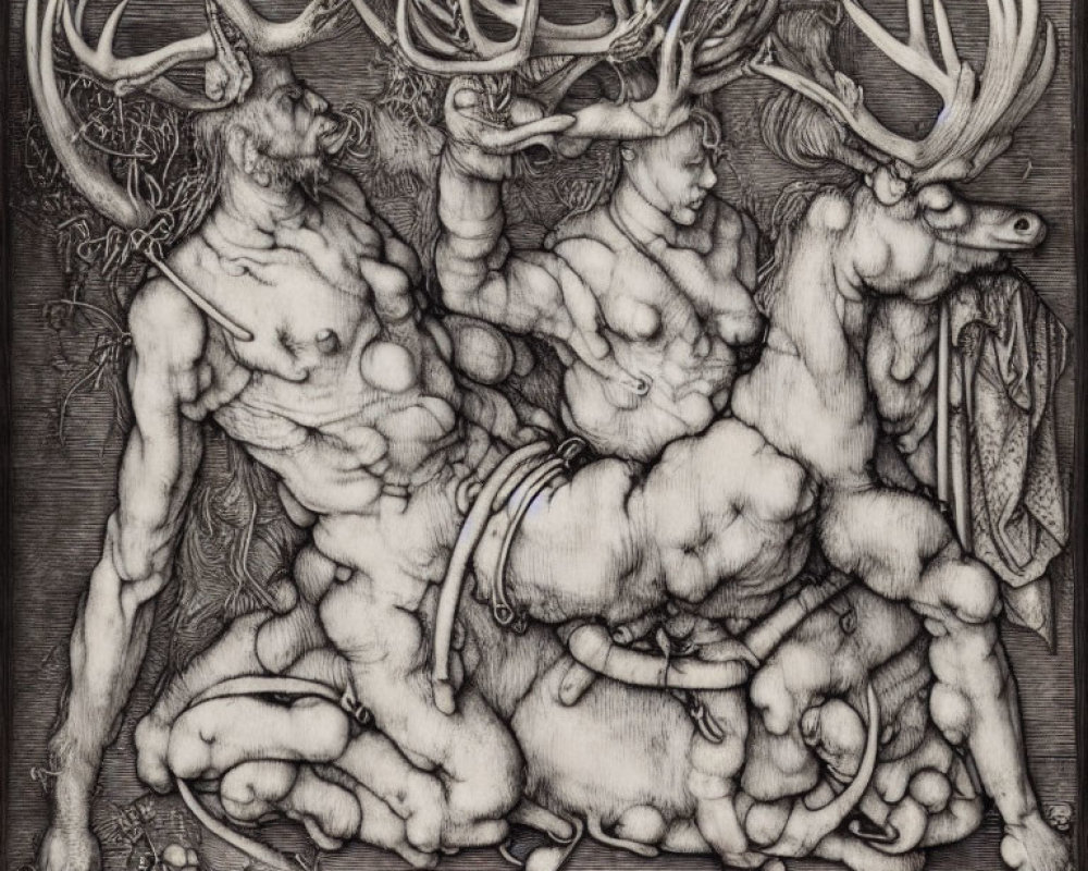 Detailed Monochrome Etching of Muscular Antlered Figures