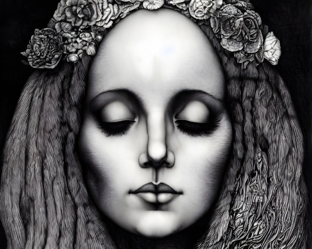 Detailed Monochrome Artwork: Serene Face with Floral Crown