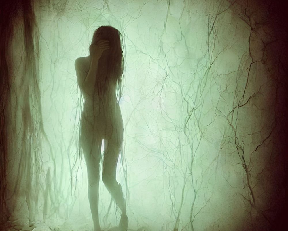 Silhouette of person in misty, eerie forest scene