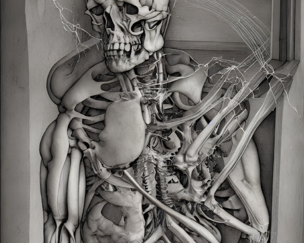 Detailed Human Body Anatomy Sculpture with Exposed Muscles, Skeleton, and Skull in Niche