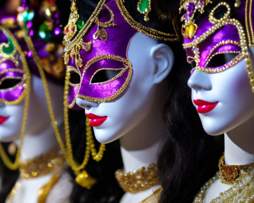 Vibrant Venetian Masks with Gold and Purple Details