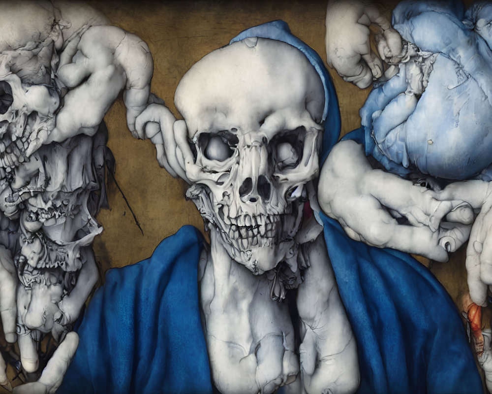 Macabre artwork: Large central skull, distorted skeletal figures, textured backdrop