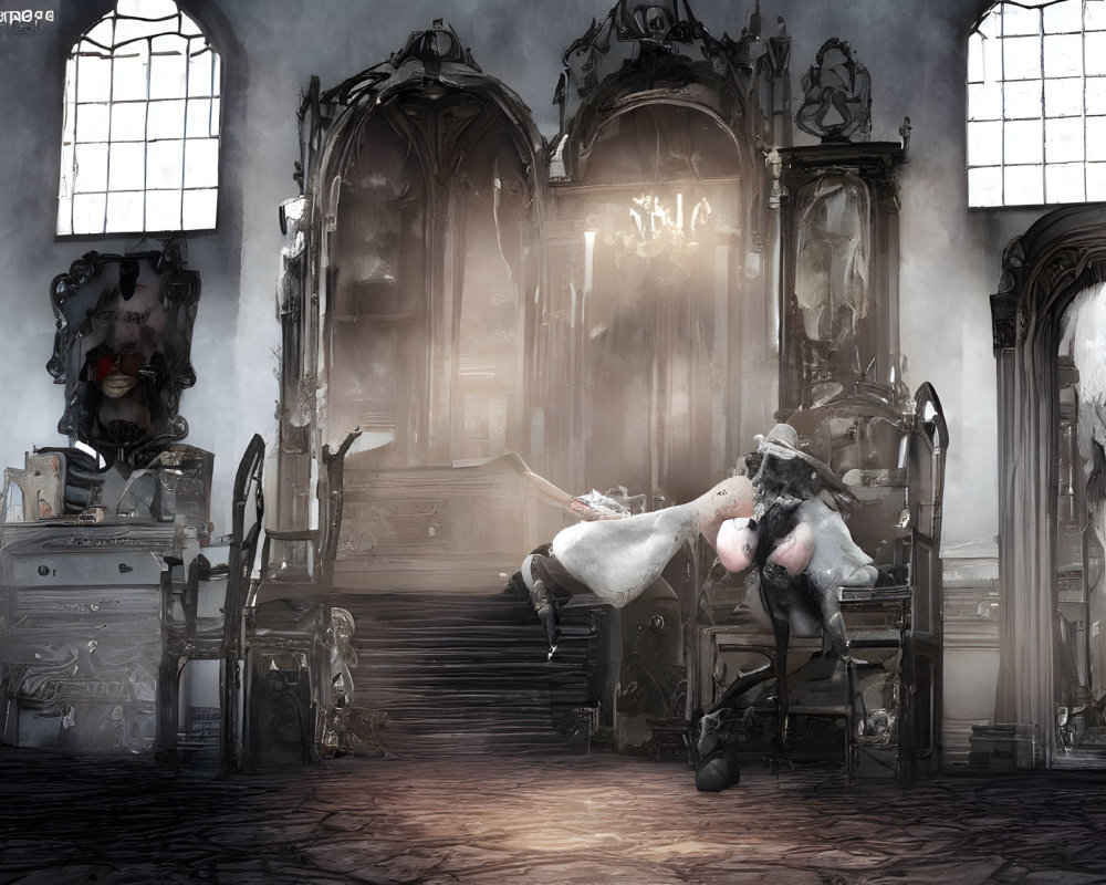 Opulent, Dilapidated Room with Gothic Windows, Grand Throne, and Figure in White