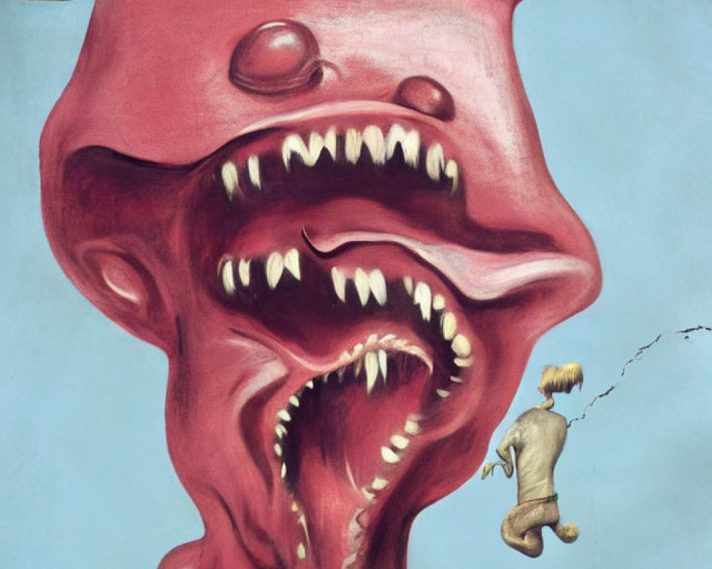 Surreal artwork: large open-mouthed head, human figure climbing, mouse on diving board