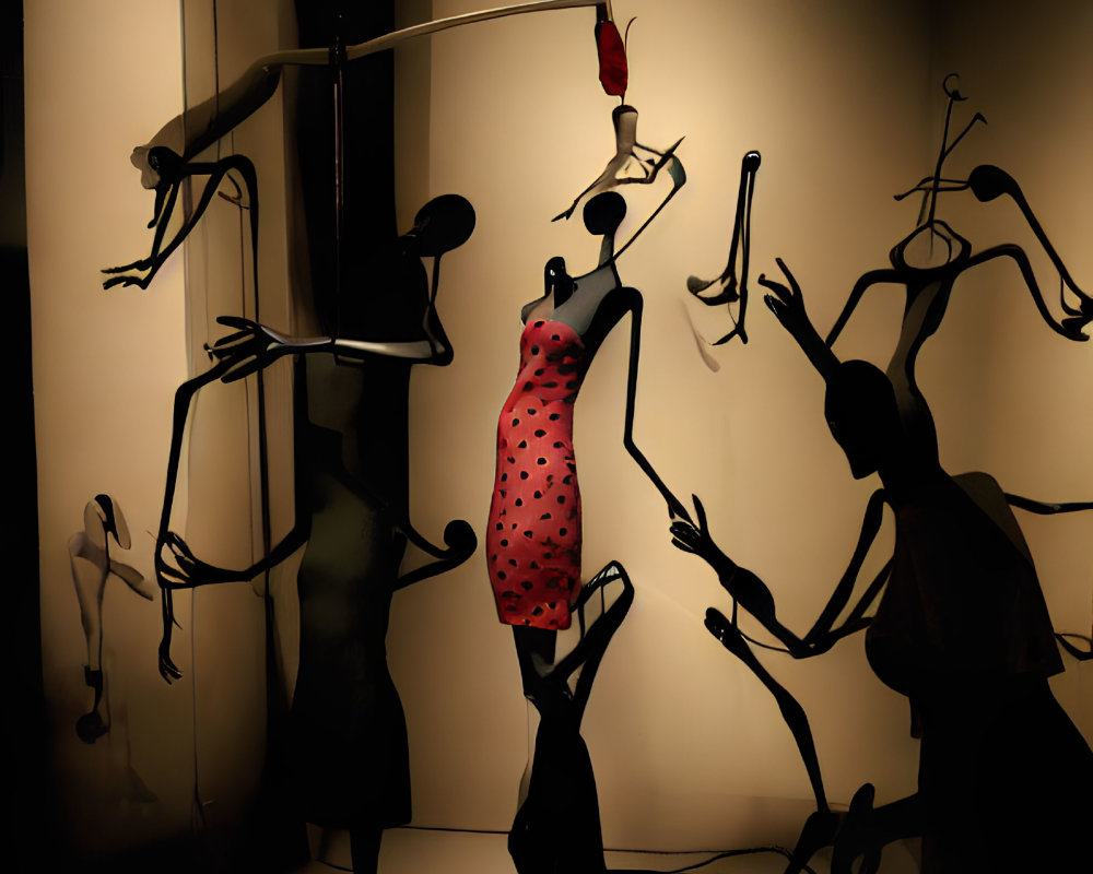 Abstract Human Figure Silhouette Installation with Red Polka-Dotted Dress