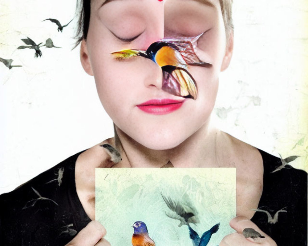 Surreal collage of woman's face with bird's beak and flying birds around