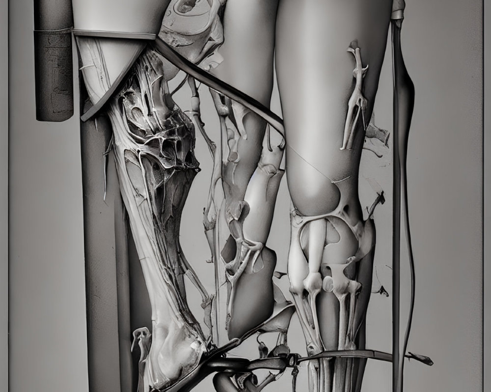 Detailed X-ray of human legs bones, joints, and soft tissue.