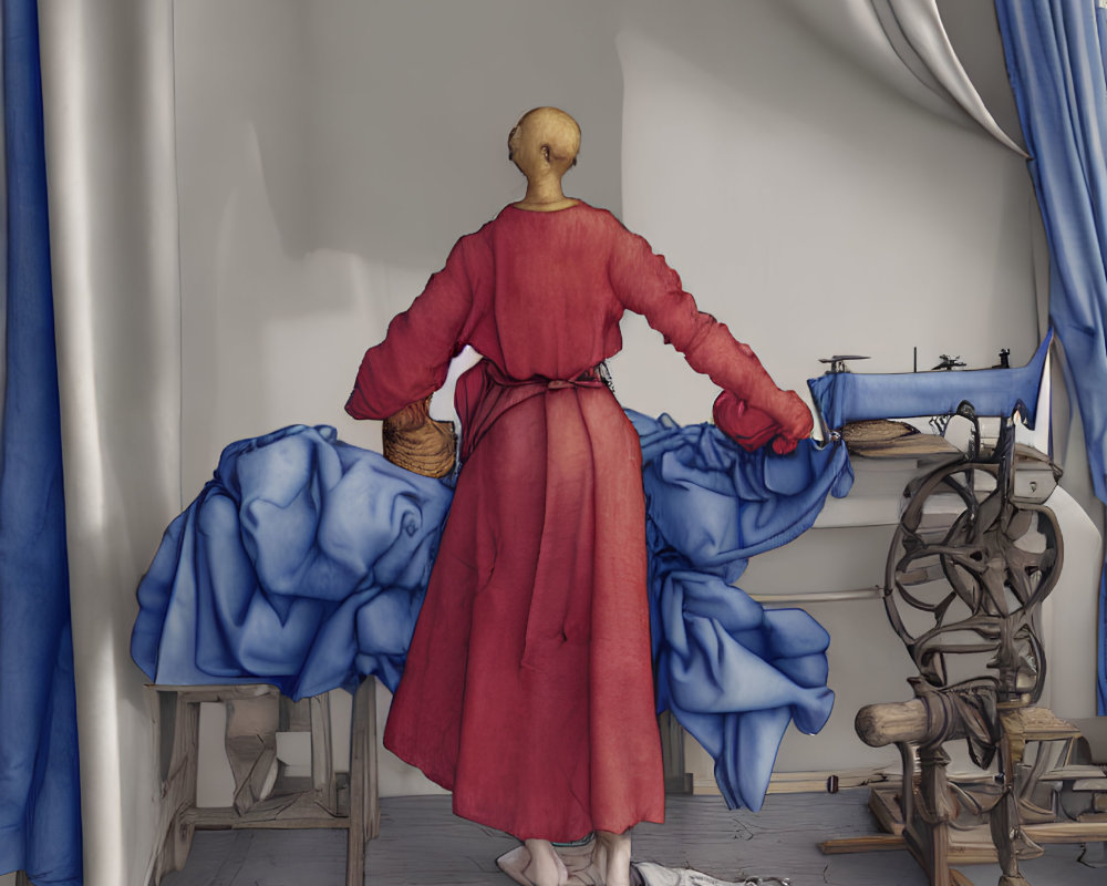 Red-dressed figure in headless room with blue fabric, spinning wheel, and bones.