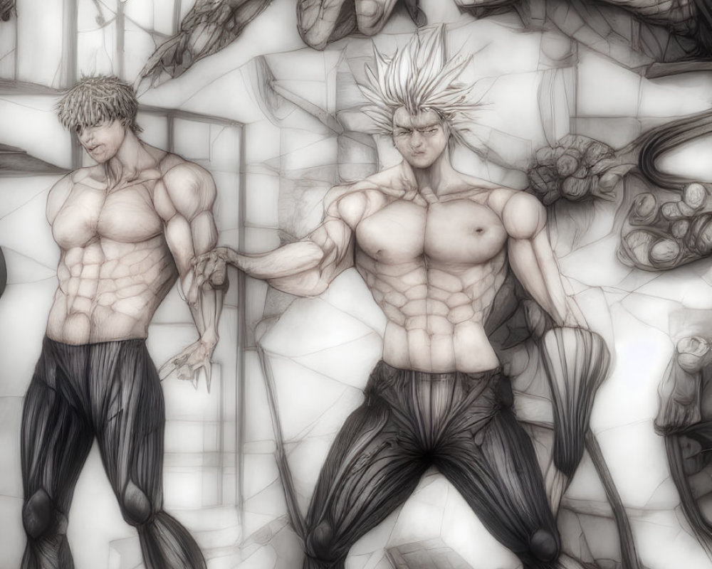 Detailed Monochrome Sketch: Three Muscular Male Figures in Dynamic Poses with Anatomy Details